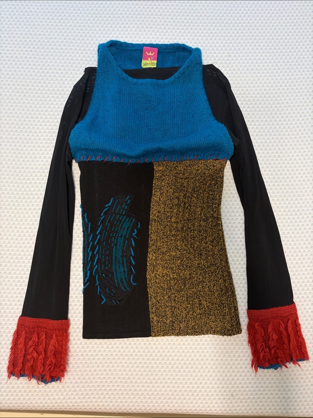 Save The Queen Blue, Black & Red Patchwork Crewneck Sweater with mesh sleeves